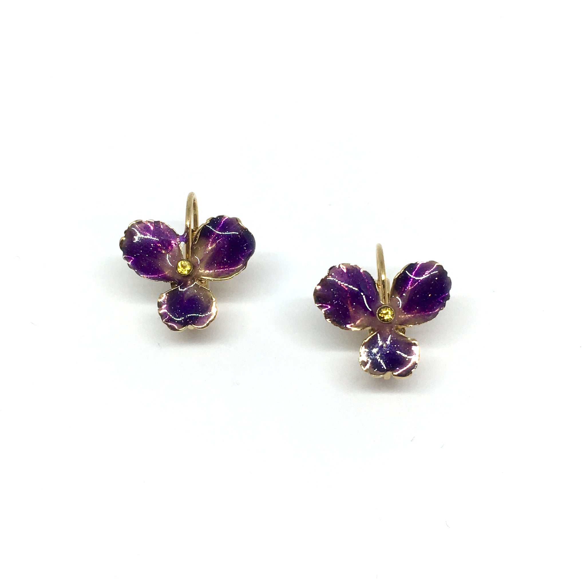 dormeuse-plaque-or-boucle-doreille-fleur-email-violet-cristal-jaune